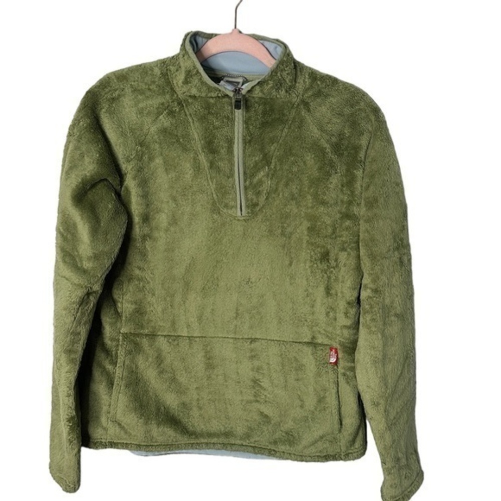 North Face Sherpa Teddy Fleece Quarter Zip Pullover Green Kangaroo Pocket Size L
